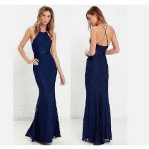 LULU’s Long Formal Dress Navy Zenith Lace Scalloped front, spaghetti straps L